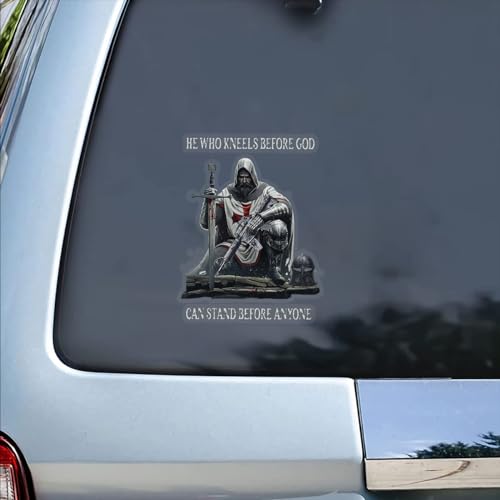 Image of Premium Christian Templar Car Decal - Durable & Waterproof Vinyl Sticker 'He Who Kneels Before God' - Knight Templar Catholic Decal for Car, Truck, Window, Laptop, Tumbler | 6.1 Inches