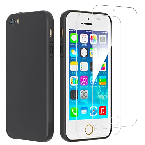 NEW'C Funda para iPhone 5, iPhone 5S y iPhone Se 2016 Carcasa Silicona Negra y 2X Protector de...