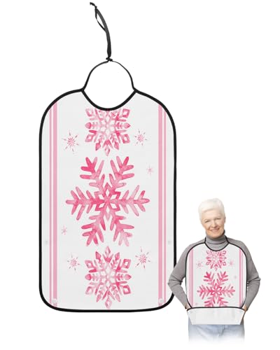 Adult Bibs for Elderly Women - Pink Snowflake Christmas Waterproof Dining Clothing Protectors with Crumb Catcher for Eating/Feeding, Xmas Winter Snowflake Pink Striped Terry Cloth Bib Machine Washable