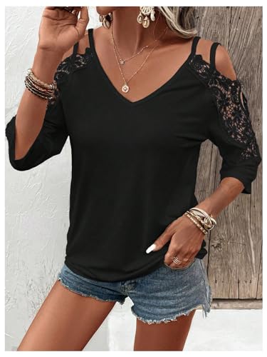 MakeMeChic Women's Guipure Lace V Neck Tee Shirts Cut Out Cold Shoulder 3/4 Sleeve Tops3