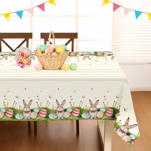Image of Childom 3 Pack Easter Decorations Easter Tablecloths Disposable Plastic Tablecloths 54 inchx108 inch Bunny Table Cloths Rectangle Tables for Party Supplies,Holiday Table Covers for Home Dinner Outdoor Picnic