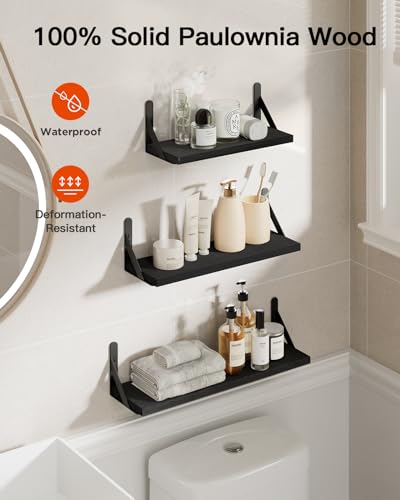 Image of AMADA HOMEFURNISHING Wall Shelves Set of 6, Wood Floating Shelves for Decor, Rustic Farmhouse for Bedroom, Bathroom Storage, Book Shelves for Living Room, Black