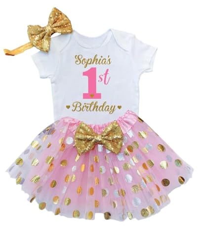 Funmunchkins Personalized 1st Birthday Girl Outfit | Glittering Gold and Pink Tutu Dress with Elastic Closure Headband | Soft Bodysuit – 24M