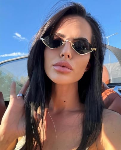 TYA Retro Y2k Sunglasses for Women Men,Trendy Semi-Rimless Sun Glasses Irregular Narrow Gold Sunnies UV4004