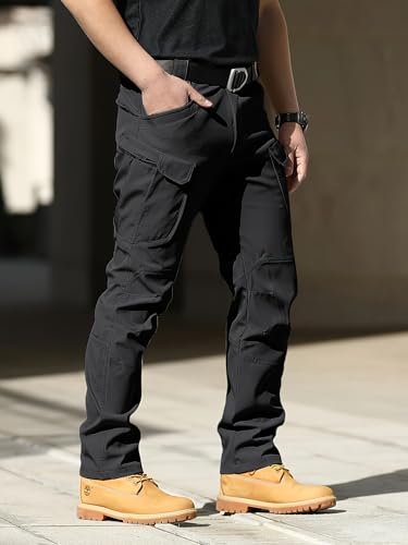 Image of Shasmi Black Mens Durable Comfy, Solid Color, Drawstring Waist, Casual Style, Breathable Fabric, Outdoor, Utility Multi-Pocket Design Cargo Trousers Pants for Men (MCargo 152)