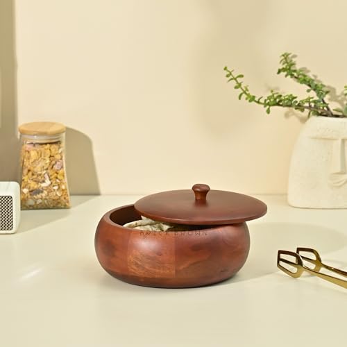 Brick Brown Handcrafted Premium Mahogany Finish Roti Casserole for Kitchen | Round Hot Pot, Roti Dabba with Lid | Casserole, 8.8x8.8x4.3 Inch,Brown,1640 ML,Wood