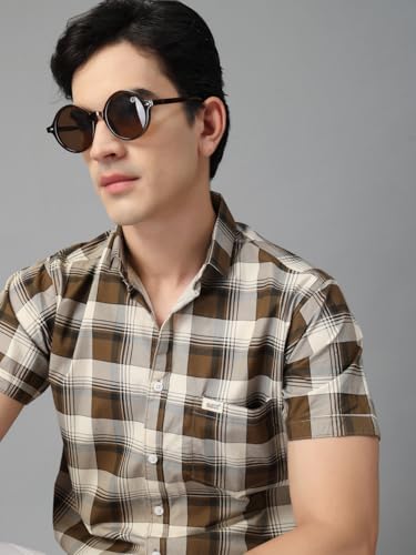 Image of Majestic Man Men's Slim Fit Premium Pure Cotton Plaid Check Half Sleeve Casual Shirt
