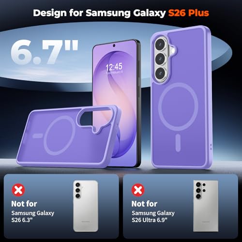 Image of SUPFINE Magnetic for Samsung Galaxy S26 Plus Case with Screen Protector, (Built-in Magnets) (Military Grade Drop Protection) Slim Translucent Shockproof Phone Case,Purple