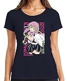 Mitsuri Kanroji Kimetsu no Yaiba Kawaii rosa cabello verde camiseta de las mujeres, azul marino, XXL