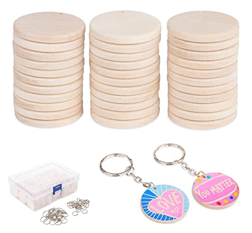 ilauke llavero Madera, 100 Piezas de Rebanadas de Madera Natural, Discos de Registro Preperforados Sin Terminar, Círculos de Madera con 100 llaveros para Manualidades, Decoraciones de Navidad Y Boda