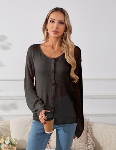 Image of Libsorge Womens Oversized Lightweight Sheer Button Cardigan Spring 2025 Trendy Solid Ribbed Knit Long Sleeve Thin Sweater