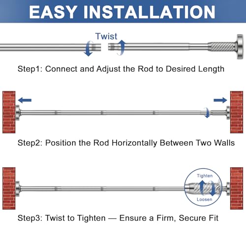 Image of Tension Curtain Rod 32-90Inch Silver Spring Rods Adjustable Curtain | Rods no Drilling Outdoor Tension Rod for Patio, Windows,Closets,Doorway
