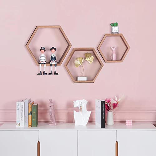 Floating Hexagon Shelves,Honeycomb Shelves,Wall Mounted Hexagon Shelf,Rustic Wood Octagon Hanging Storage Shelves Set Of 3 For Living Room Bedroom Bathroom Office Hexagonal Decor(Carbonized Black) #TOP3