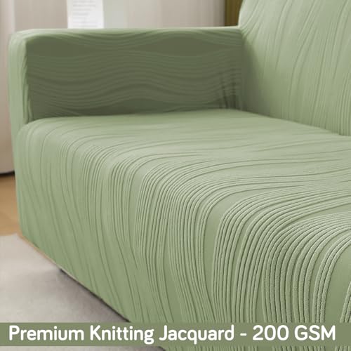 Image of HOKIPO 3 Seater Sofa Cover - 200 GSM Premium Jacquard Stretchable Fully Covered Slipcover,' Nestiva Series' Pastel Green (NEW2-AR-5309-GRN)