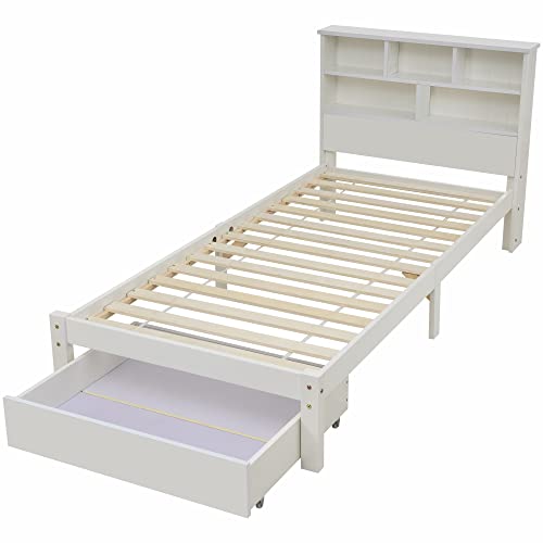 Merax Kinderbett Einzelbett mit Schubladen und Lattenrost, Funktionsbett mit Bücherregal Ablage für Jungen und Mädchen, Stabil Multifunktionsholz Jugendbett, 90x200cm Weiß – Bild 5