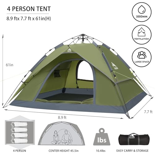 AGLORY 4 Person Pop Up Tent Portable Instant Automatic Tent Waterproof Windproof with Rainfly for Camping Family Traveling Hiking Picnicing image 7