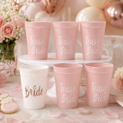 Image of Wanna Party Team Bride Cups Set of 6 | 5 Pink Team Bride Cups + 1 White Bride Cup | Bachelorette Party Cups, Bridal Shower Tableware, Hen Party & Bride Tribe Accessories