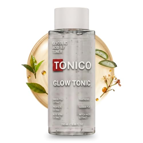 Image of Tonico Glycolic Acid 7% Exfoliating Glow Toner for Face & Body | Pore Minimizer, Strawberry Legs, Dark Spots & Skin Brightening | Witch Hazel, Aloe Vera, Green Tea | 6.76 fl oz
