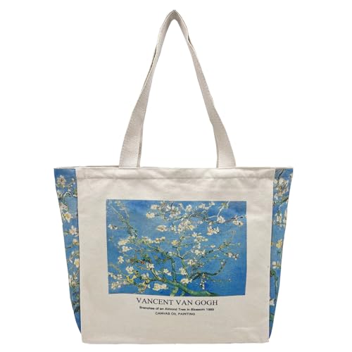 BROADREAM Bolsa de ombro estética de lona com zíperes e bolso interno, Flor de damasco, Large