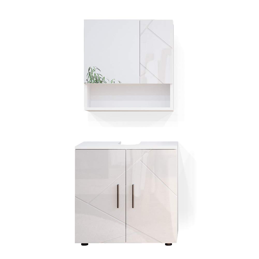 Vicco Set mobili bagno Irma, Bianco lucido, 80 cm, composto da specchio da bagno e mobile sottolavabo