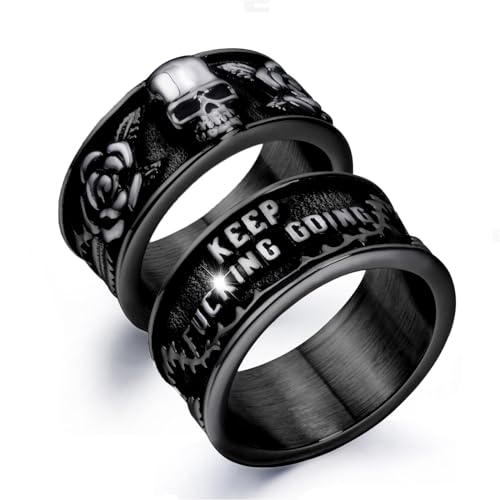 ELFASIO Keep Going Ring Gothic Black Rose Skull Rings for Men Women Band Skeleton Cocktail Party Biker Ring Size 9