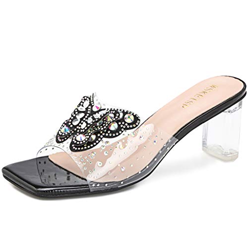 Women's Clear PVC Heeled Mules Sandals Rhinestone Butterfly Slip On Lucite Block Chunky Heels Slides Sqaure Open Toe Dress Fashion Dress Wedding High Heel Slippers Black PVC Size US6 EU 36