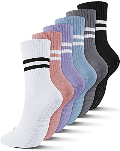 6 Pairs Yoga Socks With Grips For Women Pilates Socks Non Slip Yoga Grip Socks Anti Skid Mid Calf Design For Yoga Pilates Barre Dance Ballet Workouts #TOP23