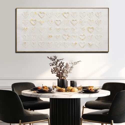 Image of VAYIMDH Metal Heart Wall Art Decor Love Heart Paintings Pictures Gold And White Wall Decor Artwork For Office Bedroom Living Room 24 inchx48 inch