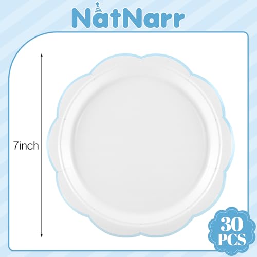 Image of NatNarr 30 Pcs Blue and White Paper Plates 7 Inch Plates with Blue Trim | Scalloped Cute Plate Dessert Cake Plate Disposable for Summer Pool Party, Baby Shower, Wedding, Bridal Shower, Birthday