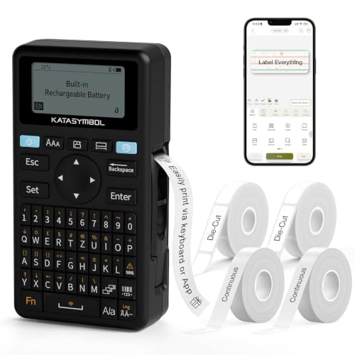 SUPVAN E11 Keyboard & Bluetooth Label Maker Machine with 4 Tapes, Black | Rechargeable, Versatile App with 30+ Fonts and 660+ Icons, Minimal Margin, Inkless, for School, Home, Kitchen, Office