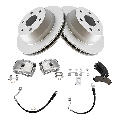 Image of TRQ Rear Brake Pad, Caliper, Hose, & Rotor Kit Ceramic Premium G-Coated Compatible with 2003-2009 Chevrolet Express 1500 2003-2013 GMC Savana 1500