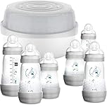 MAM Easy Start Bottle & Microwave Steriliser Set, Comes with 6x MAM Easy Start Self Sterilising Anti-Colic Baby Bottles, BPA Free Bottle Steriliser for Babies