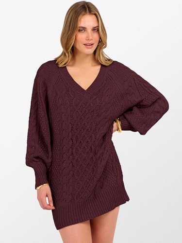 ANRABESS Womens Long Sleeve V Neck Oversized Cable Knit Mini Sweater Dresses 2025 Fall Trendy Baggy Pullover Tunic Outfits4