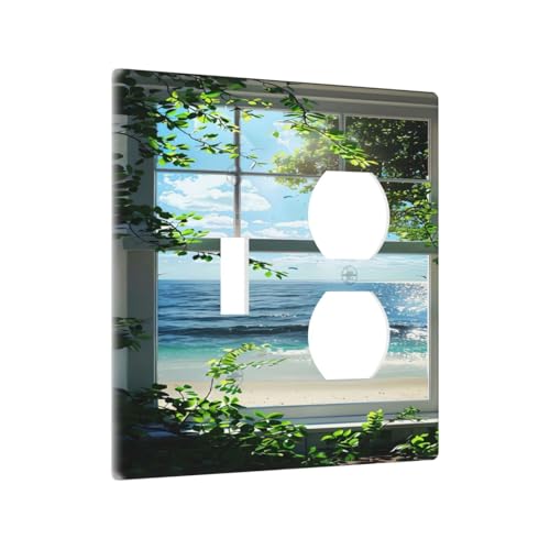 Decorative Outlet Covers Window Beach Seascape View Green Leaves 2 Gang Wall Plate Cover Single Toggle Duplex Combo Two Switch Light Switch Cover Plate Jumbo Dual GFCI Faceplate