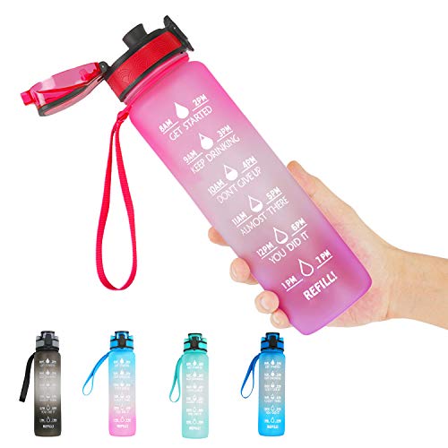 32oz Water Bottle with Time Marker, Fitness Sports Water Bottle, Leakproof BPA Free Tritan Wide Mouth Drinking Motivational Bottle for Daily Gym Outdoor