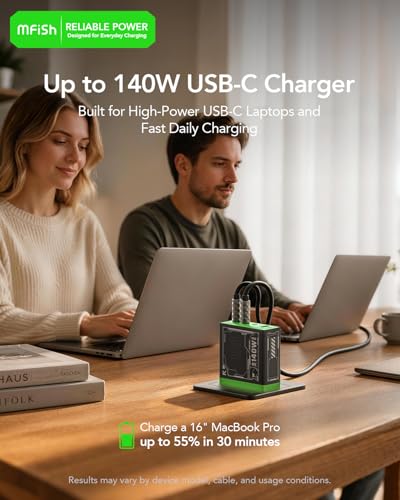 Image of Mfish E-Rhino 140W USB-C Charger, True PD 3.1 GaN Fast Charger, 4-Port (3 USB-C + 1 USB-A) Foldable Plug Power Adapter for MacBook Pro 16 inch, iPhone 17 /16, iPad, Galaxy, Tablet, Laptop Black
