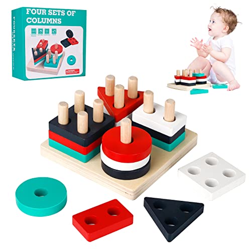 Image of DASIGJID Montessori Toys for 1 2 3 Year Old, Shape Sorter Toys, Stacking Toys for Toddlers 1-3, Wooden Educational Learning Toys, Color Recognition Fine Motor Skills Toys, for Baby Boys Girls