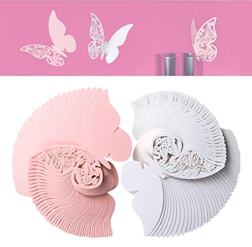 Kesote 100 Pcs Marque Place Bapteme en Kraft, Carte de Verre Papillon, Porte Nom Table, Deco pour Bapteme Fille, Communion, Marriage, Anniversaire, Fête, Noel, Cadeaux (blanc et rose)