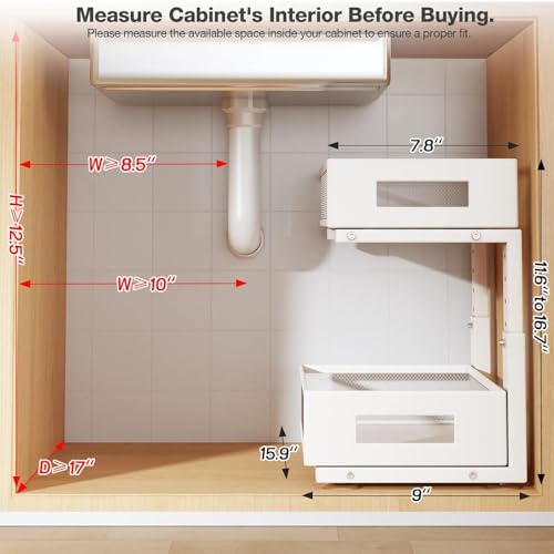Image of Under Sink Organizer, 2-Tier Dual Pull Out Cabinet Organizer Drawers With Smooth Circular Rail, Large Capacity Metal Mesh Sliding Shelves For Bathroom& Kitchen Storage,Height Adjustable-White,1 Pack