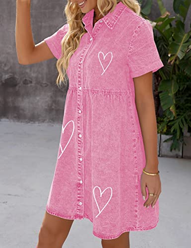Lookbookstore Pink Dresses For Women Valentine's Day Dress Pink Heart Love Print Dress Valentines Day 2023 Summer Short Sleeves Pink Dress Casual Women Babydoll Jean Dress Size Xl #TOP2