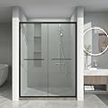 SPOWAY Shower Door, 56-60" W x 72" H, Aluminum Frame Double Sliding Shower Door, 1/4" (6mm) Thick Glass Shower Door with Stainless Steels Long Handle Reversible Mount Bathroom Shower Door, Matte Black