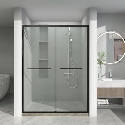 SPOWAY Shower Door, 56-60" W x 72" H, Aluminum Frame Double Sliding Shower Door, 1/4" (6mm) Thick Glass Shower Door with Stainless Steels Long Handle Reversible Mount Bathroom Shower Door, Matte Black