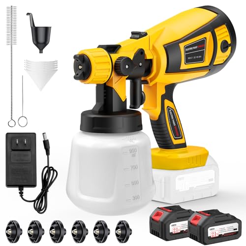 Paint Sprayer, 650W Cordless with 2 X 4.0mAh 21V Battery, 6 Nozzles & 3 Spray Modes, 1000ml...