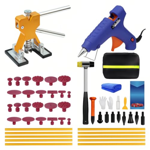DIQDI Dent Puller Kit for Cars 49PCS Paintless Dent Repair Kit with Golden Lifter & 100W Hot Glue Gun Car Dent Removal Tool for Small Door Dings Hail Damage and Auto Body Repair