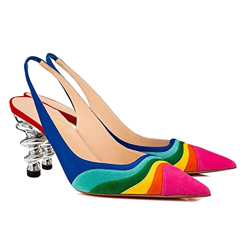 FOWT Women Rainbow Color Stripes Strange Spiral High Heel Pumps Slip On Pointed Toe Slingback Sandals Fashion Shoes 4-16