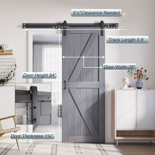 Image of FREDBECK 28in x 84in Grey Barn Door, Solid Wood,Double Surface,K-Frame,Gray