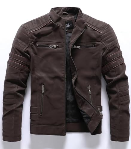 INVACHI Men's Faux Leather Padded Lining Jacket Motorcycle Zipper Jacket with Stand Collar2