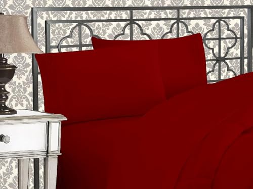 Elegant Comfort Luxurious 1500 Premium Hotel Quality Microfiber Three Line Embroidered Softest 5-Piece Bed Sheet Set, Wrinkle and Fade Resistant, Split King, Burgundy