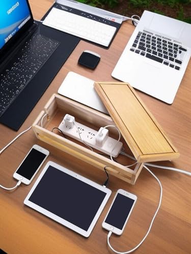 Image of Cable Management Box Wooden Cord Organizer Box for Extension Cord Power Stripe Surge Protector Wire Management Concealer Organizer Cover Hider for Desktop Home Office. (Pack of 2)