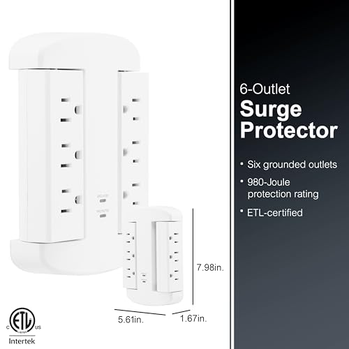 Image of GE 6-Outlet Extender, Surge Protector, Swivel Side Access, Wall Tap Adapter, 3-Prong, 980 Joules, ETL Listed, White, 81781 (Pack of 12)